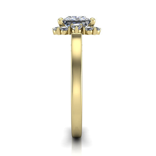 Elise princess halo engagement ring in 18K Yellow Gold, side profile showing the vintage bridge detail and polished band