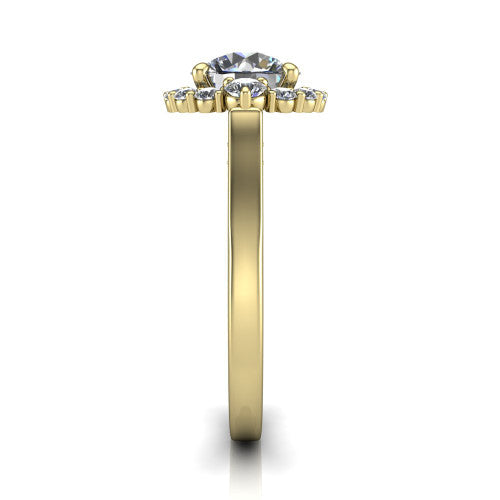 Elise round halo engagement ring in 18K Yellow Gold, side profile showing the vintage bridge detail and polished band