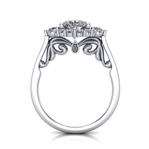 Elise oval halo engagement ring in 18K White Gold, through-finger front profile showing the filigree scrollwork gallery and bezel accent