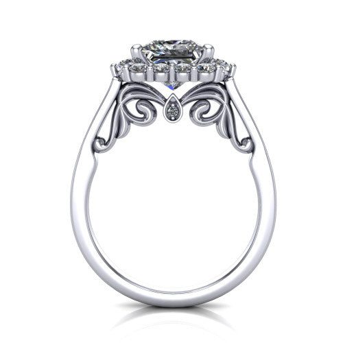 Elise princess halo engagement ring in 14K White Gold, through-finger front profile showing the filigree scrollwork gallery and bezel accent