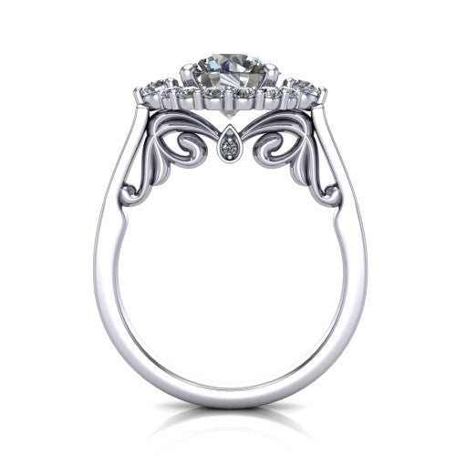 Elise round halo engagement ring in 14K White Gold, through-finger front profile showing the filigree scrollwork gallery and bezel accent