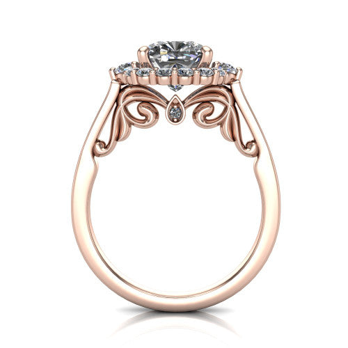 Elise cushion halo engagement ring in 14K Rose Gold, through-finger front profile showing the filigree scrollwork gallery and bezel accent