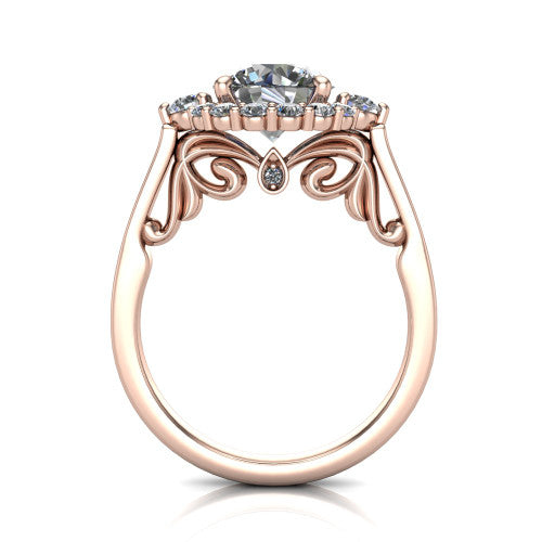 Elise round halo engagement ring in 14K Rose Gold, through-finger front profile showing the filigree scrollwork gallery and bezel accent