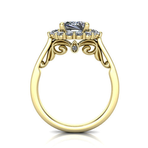 Elise emerald halo engagement ring in 14K Yellow Gold, through-finger front profile showing the filigree scrollwork gallery and bezel accent