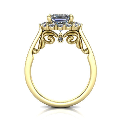 Elise square emerald halo engagement ring in 18K Yellow Gold, through-finger front profile showing the filigree scrollwork gallery and bezel accent