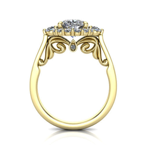 Elise oval halo engagement ring in 14K Yellow Gold, through-finger front profile showing the filigree scrollwork gallery and bezel accent