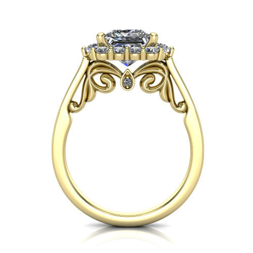 Elise princess halo engagement ring in 18K Yellow Gold, through-finger front profile showing the filigree scrollwork gallery and bezel accent