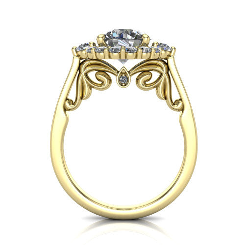 Elise round halo engagement ring in 18K Yellow Gold, through-finger front profile showing the filigree scrollwork gallery and bezel accent
