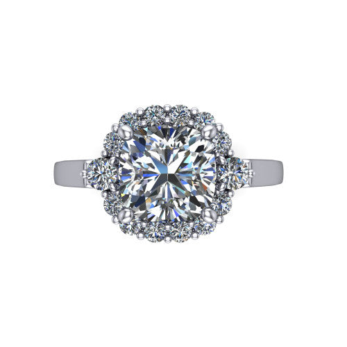 Elise cushion halo engagement ring in 14K White Gold, top-down view showing the cushion center diamond framed by a cluster halo of round diamonds