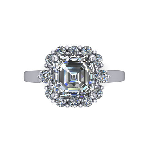 Elise square emerald halo engagement ring in 14K White Gold, top-down view showing the square emerald center diamond framed by a cluster halo of round diamonds