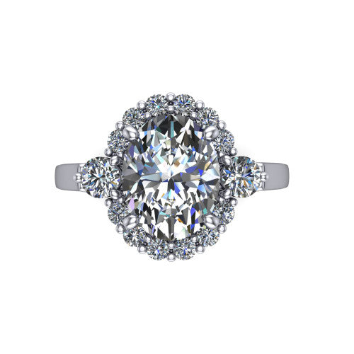 Elise oval halo engagement ring in 14K White Gold, top-down view showing the oval center diamond framed by a cluster halo of round diamonds