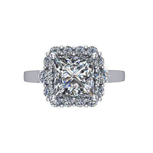 Elise princess halo engagement ring in Platinum, top-down view showing the princess center diamond framed by a cluster halo of round diamonds
