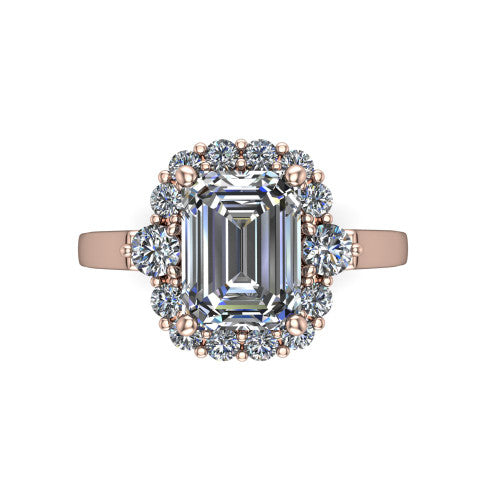 Elise emerald halo engagement ring in 14K Rose Gold, top-down view showing the emerald center diamond framed by a cluster halo of round diamonds