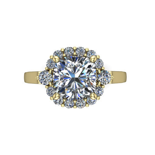 Elise cushion halo engagement ring in 14K Yellow Gold, top-down view showing the cushion center diamond framed by a cluster halo of round diamonds