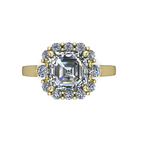 Elise square emerald halo engagement ring in 14K Yellow Gold, top-down view showing the square emerald center diamond framed by a cluster halo of round diamonds