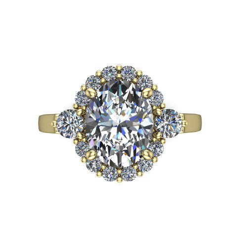 Elise oval halo engagement ring in 14K Yellow Gold, top-down view showing the oval center diamond framed by a cluster halo of round diamonds
