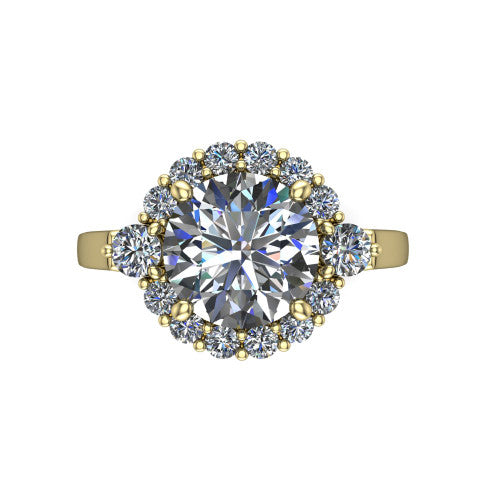 Elise round halo engagement ring in 18K Yellow Gold, top-down view showing the round center diamond framed by a cluster halo of round diamonds