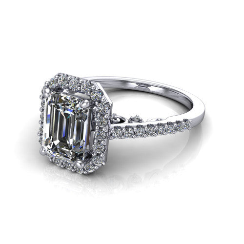Veronica Emerald Shape Halo Engagement Ring in 14K White Gold