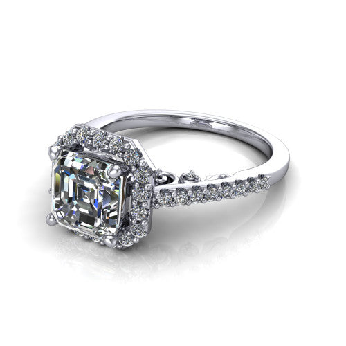 Veronica Square Emerald Shape Halo Engagement Ring in 18K White Gold