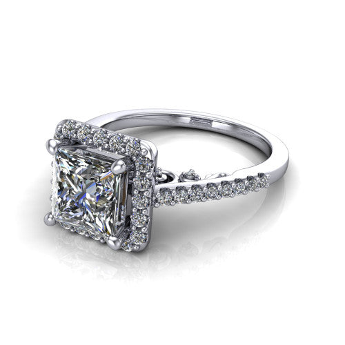 Veronica Princess Shape Halo Engagement Ring in 14K White Gold