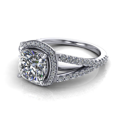 Felicity cushion-cut halo engagement ring in Platinum, three-quarter perspective showing the cushion-cut center diamond, pavé halo, and pavé split shank