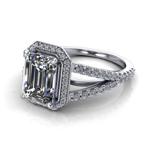 Felicity emerald-cut halo engagement ring in 14K White Gold, three-quarter perspective showing the emerald-cut center diamond, pavé halo, and pavé split shank