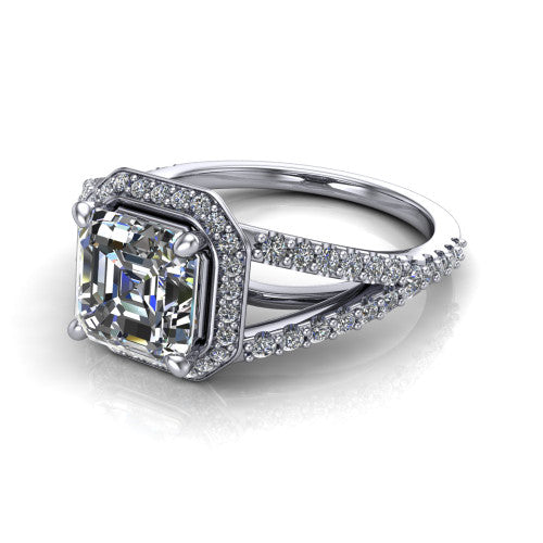 Felicity square emerald-cut halo engagement ring in Platinum, three-quarter perspective showing the square emerald-cut center diamond, pavé halo, and pavé split shank