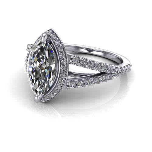 Felicity marquise-cut halo engagement ring in 14K White Gold, three-quarter perspective showing the marquise-cut center diamond, pavé halo, and pavé split shank