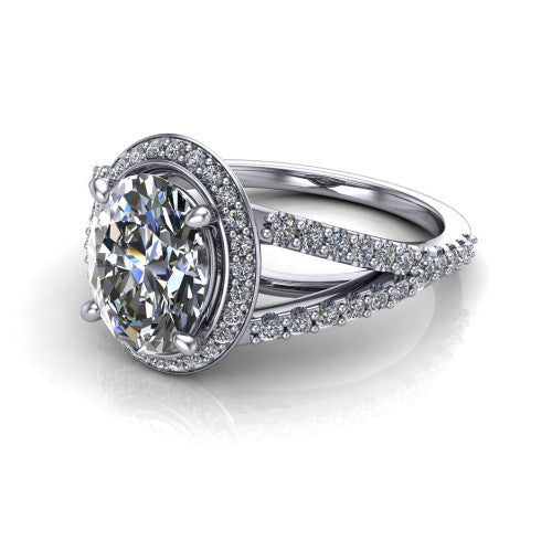 Felicity oval halo engagement ring in 18K White Gold, three-quarter perspective showing the oval center diamond, pavé halo, and pavé split shank