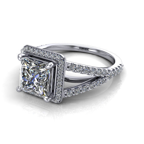 Felicity princess-cut halo engagement ring in 14K White Gold, three-quarter perspective showing the princess-cut center diamond, pavé halo, and pavé split shank