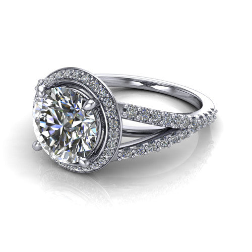 Felicity round halo engagement ring in 18K White Gold, three-quarter perspective showing the round center diamond, pavé halo, and pavé split shank