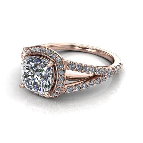 Felicity cushion-cut halo engagement ring in 18K Rose Gold, three-quarter perspective showing the cushion-cut center diamond, pavé halo, and pavé split shank