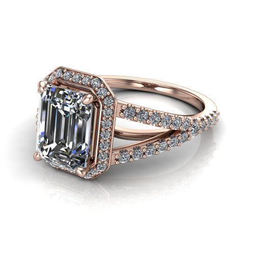 Felicity emerald-cut halo engagement ring in 18K Rose Gold, three-quarter perspective showing the emerald-cut center diamond, pavé halo, and pavé split shank