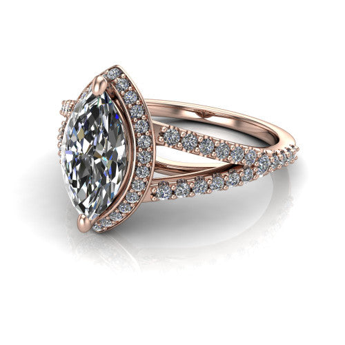 Felicity marquise-cut halo engagement ring in 18K Rose Gold, three-quarter perspective showing the marquise-cut center diamond, pavé halo, and pavé split shank
