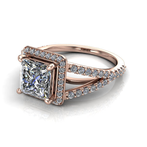 Felicity princess-cut halo engagement ring in 14K Rose Gold, three-quarter perspective showing the princess-cut center diamond, pavé halo, and pavé split shank