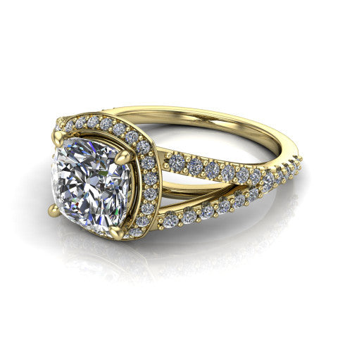 Felicity cushion-cut halo engagement ring in 14K Yellow Gold, three-quarter perspective showing the cushion-cut center diamond, pavé halo, and pavé split shank