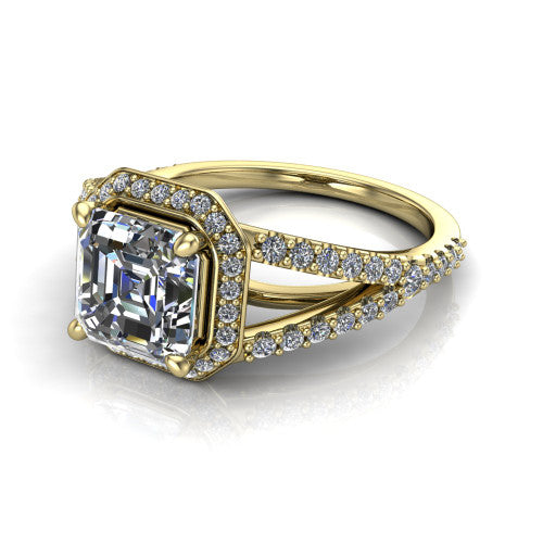 Felicity square emerald-cut halo engagement ring in 14K Yellow Gold, three-quarter perspective showing the square emerald-cut center diamond, pavé halo, and pavé split shank