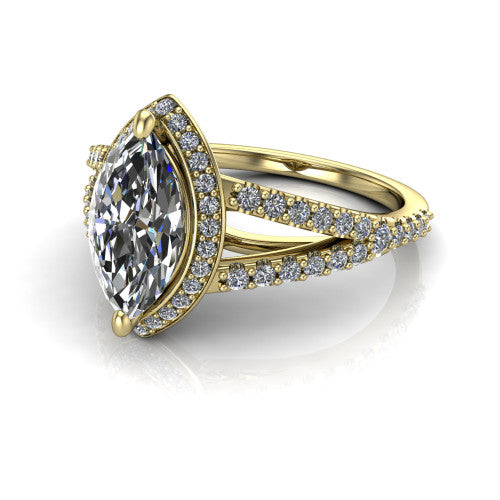 Felicity marquise-cut halo engagement ring in 14K Yellow Gold, three-quarter perspective showing the marquise-cut center diamond, pavé halo, and pavé split shank