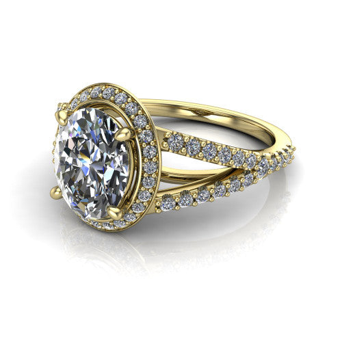 Felicity oval halo engagement ring in 14K Yellow Gold, three-quarter perspective showing the oval center diamond, pavé halo, and pavé split shank