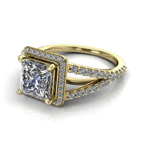 Felicity princess-cut halo engagement ring in 14K Yellow Gold, three-quarter perspective showing the princess-cut center diamond, pavé halo, and pavé split shank