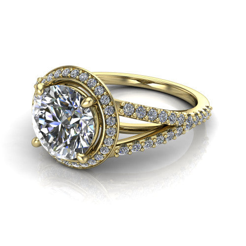Felicity round halo engagement ring in 18K Yellow Gold, three-quarter perspective showing the round center diamond, pavé halo, and pavé split shank