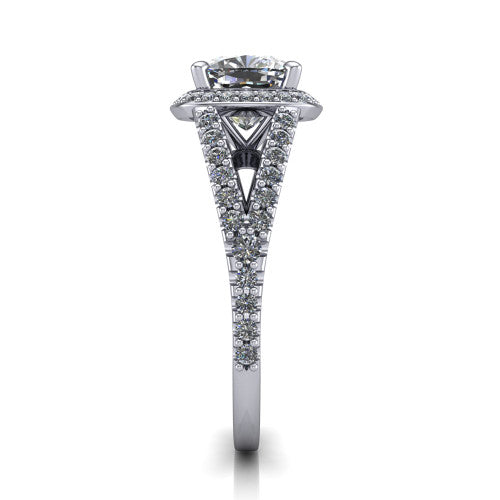 Felicity cushion-cut halo engagement ring in Platinum, side profile showing the pavé halo and pavé split shank
