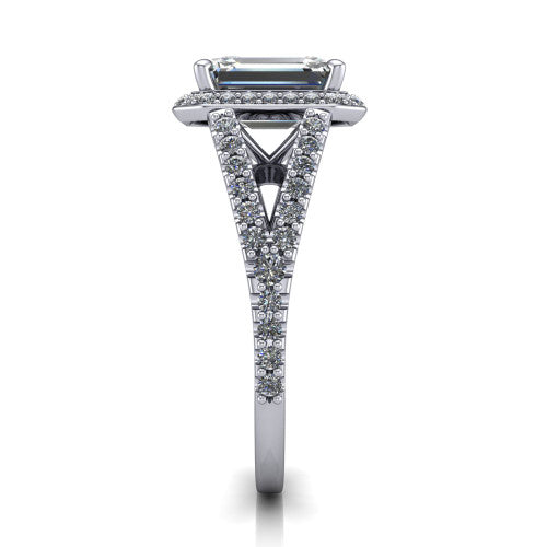Felicity emerald-cut halo engagement ring in 18K White Gold, side profile showing the pavé halo and pavé split shank