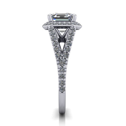 Felicity square emerald-cut halo engagement ring in 18K White Gold, side profile showing the pavé halo and pavé split shank