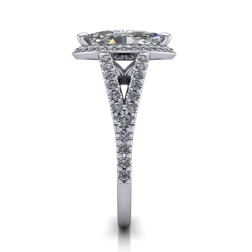 Felicity marquise-cut halo engagement ring in 14K White Gold, side profile showing the pavé halo and pavé split shank