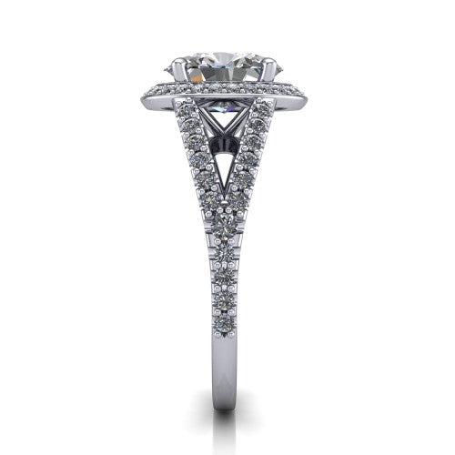 Felicity oval halo engagement ring in 18K White Gold, side profile showing the pavé halo and pavé split shank