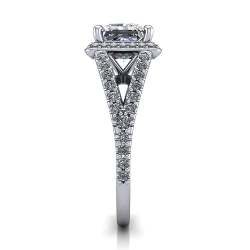 Felicity princess-cut halo engagement ring in Platinum, side profile showing the pavé halo and pavé split shank