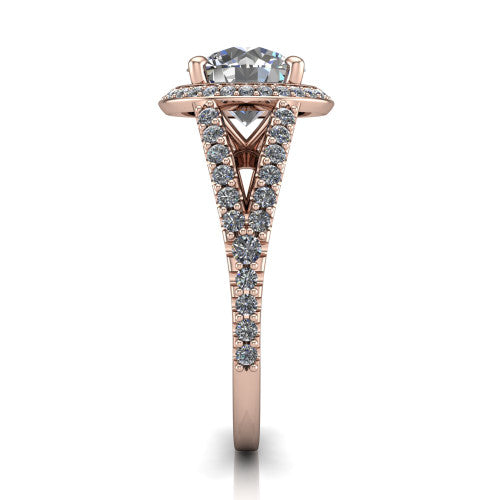 Felicity round halo engagement ring in 18K Rose Gold, side profile showing the pavé halo and pavé split shank