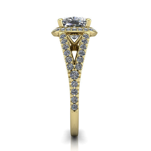 Felicity cushion-cut halo engagement ring in 14K Yellow Gold, side profile showing the pavé halo and pavé split shank