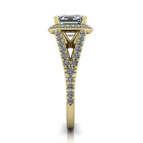 Felicity square emerald-cut halo engagement ring in 14K Yellow Gold, side profile showing the pavé halo and pavé split shank